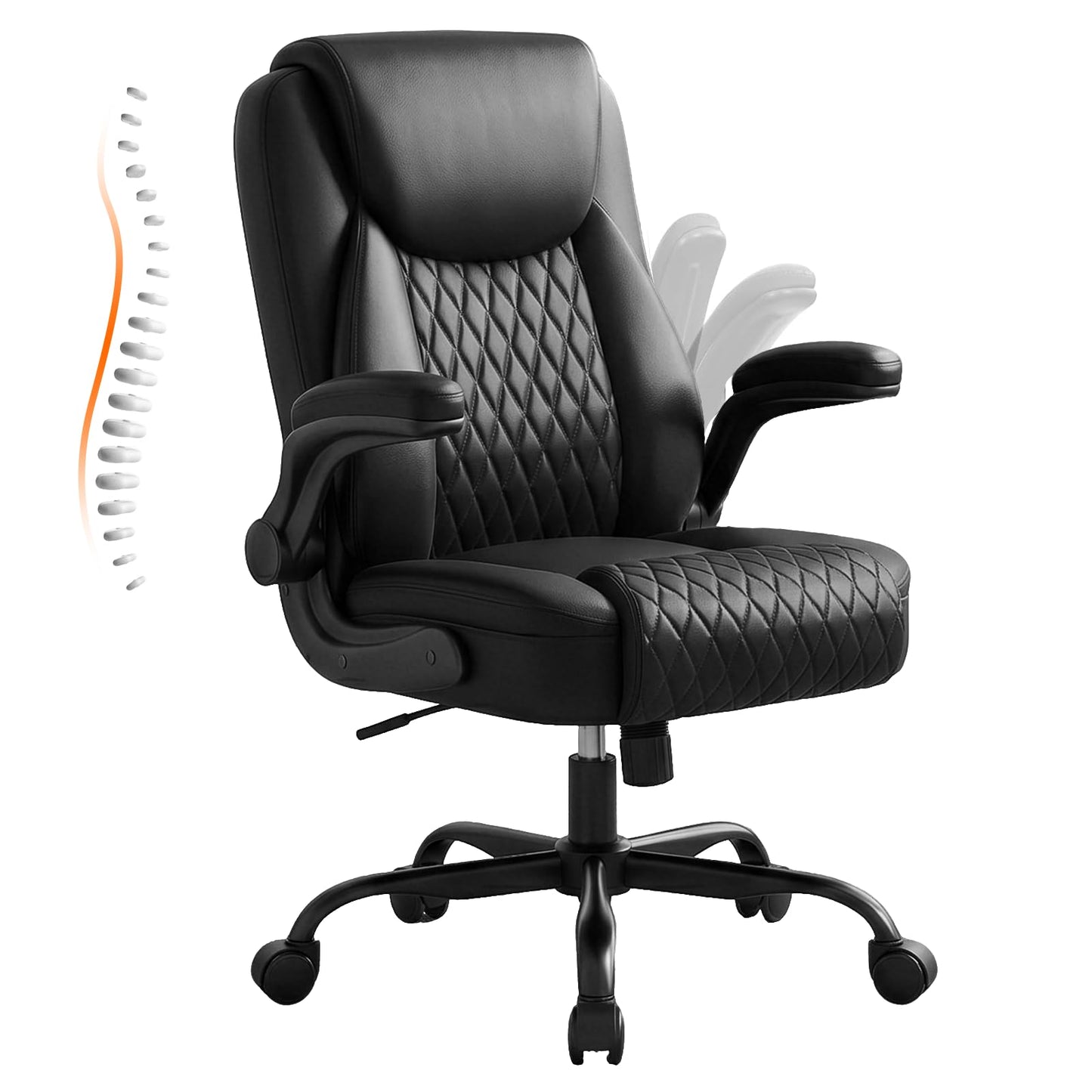 GTPLAYER Leather Office Chair, Home Desk Chair with Flip-up Arms and Ergonomic Back - Comfy Heavy Duty Executive Chair for Home Office Gaming, Charcoal Black