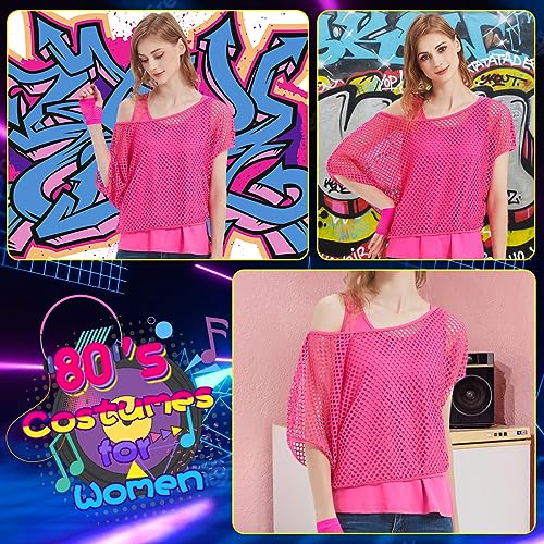 WILDPARTY Women Casual Sexy 80s Costumes Fishnet Neon Off Shoulder T-Shirt