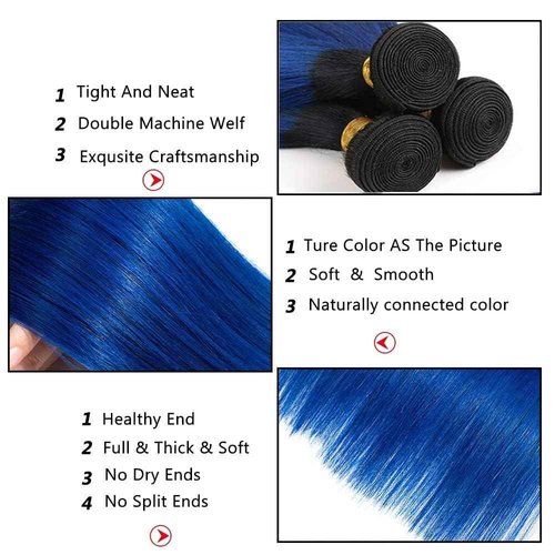 Habiliana Bundles Human Hair 20 22 24 Inch Straight T1B Blue Human Hair Bundles 11A Unprocessed Brazilian Virgin Quick Weave Hair Extensions for Black Women
