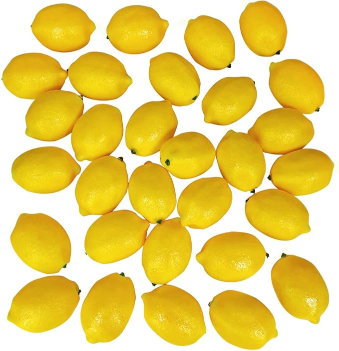 Winlyn 30 Pack Faux Yellow Lemons Artificial Fruits Fake Lemons Lifelike Simulation for Lemonade Party Kitchen Table Summe...