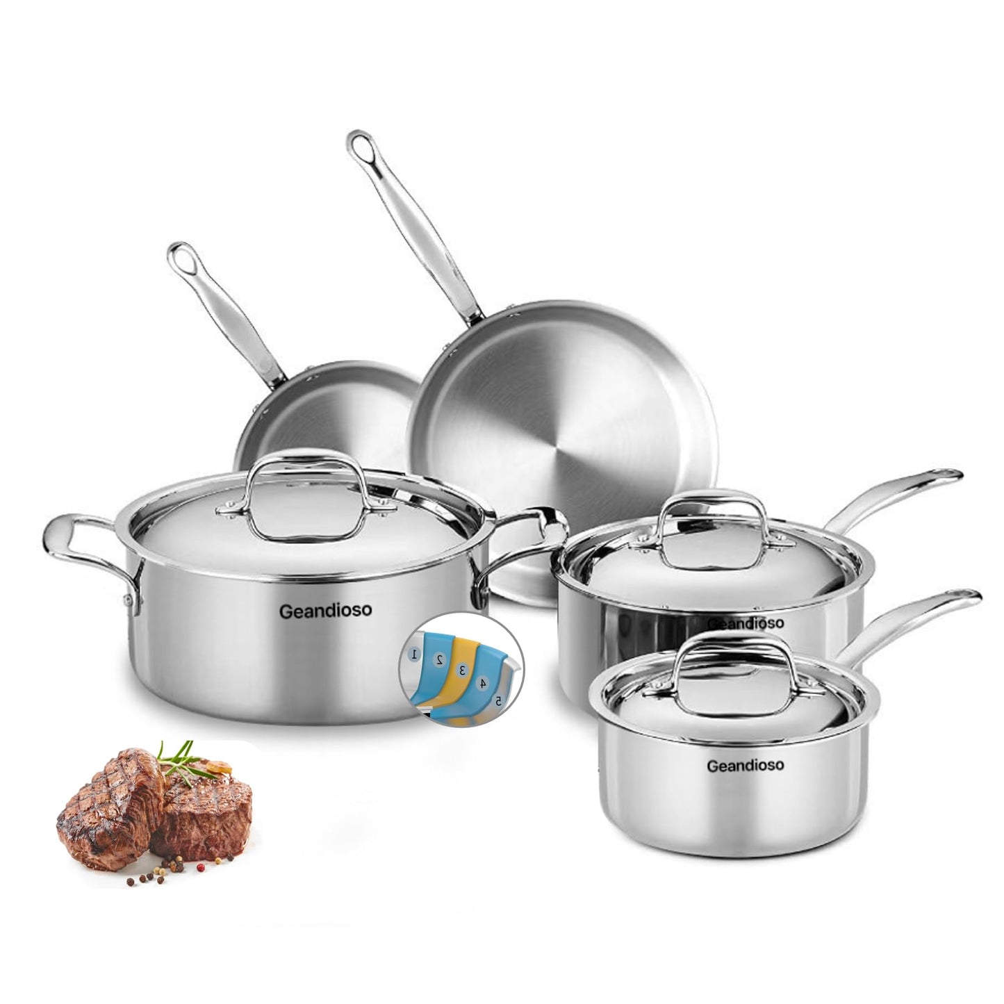 5 Ply Stainless Steel Cookware Set,8-Piece,Professional Kitchen Cooking, Heavy Chef Quality,PFOA, PTFE & PFOS Free,Induction, Non-Toxic, Oven Safe,Best 18/8 Full Clad