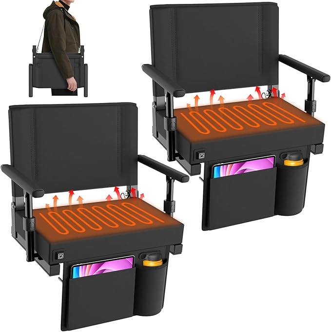 HOPERAN Heated Stadium Seats for Bleachers with Back Support - 3 Levels Heating Bleacher Chairs with Back and Cushion with Armrest, Thick Padded Bleacher Seats, Stadium Chair with Shoulder Strap