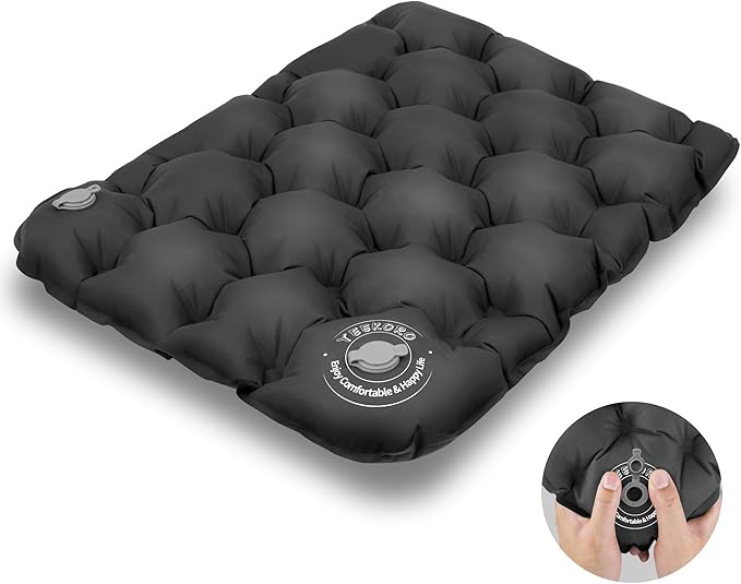 YEEKORO Inflatable Seat Cushion, Lightweight Camping Air Sitting Pad with Repair Cloths, Waterproof Air Seat Cushion, Portable Push-Press Seat Cushion for Airplane Travel Hiking Office Stadium Seat