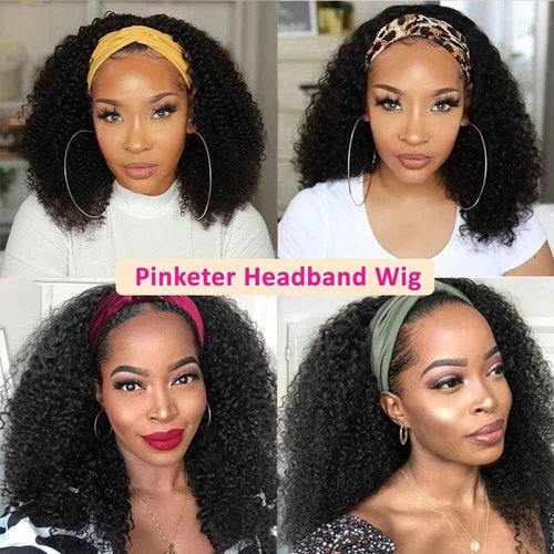 Kinky Curly Human Hair Headband Wig Glueless Non Lace Front Wig Human Hair Wigs for Black Women Natural Color Machine Made (Headband Wig, 22inch)