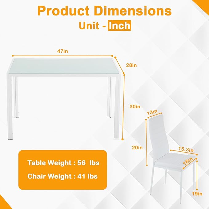 FDW | 5-Piece Dining Table Set | White | Glass Kitchen Table with 4 Upholstered Chairs and Faux Leather Cushions | Space-Saving and Modern Design | for Dining Room, Easy to Assemble