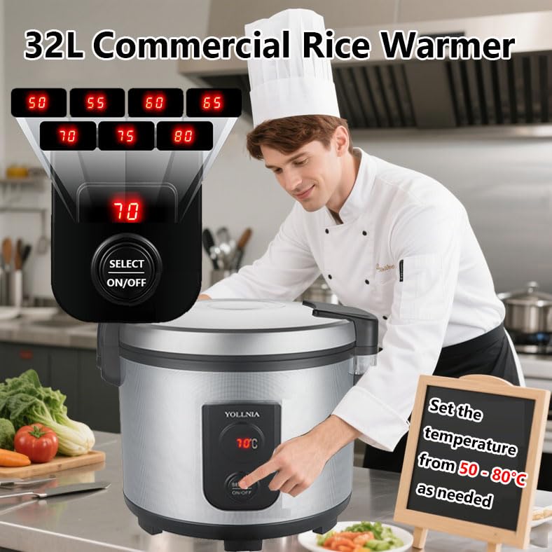 YOLLNIA 32.1QT Commercial Rice Warmer(Not Rice Cooker) Portable Big Food Rice Warmer / 122℉- 178℉ Adjustable Temperature/ 160W/ Non-stick Inner Pot For Restaurant Party Family
