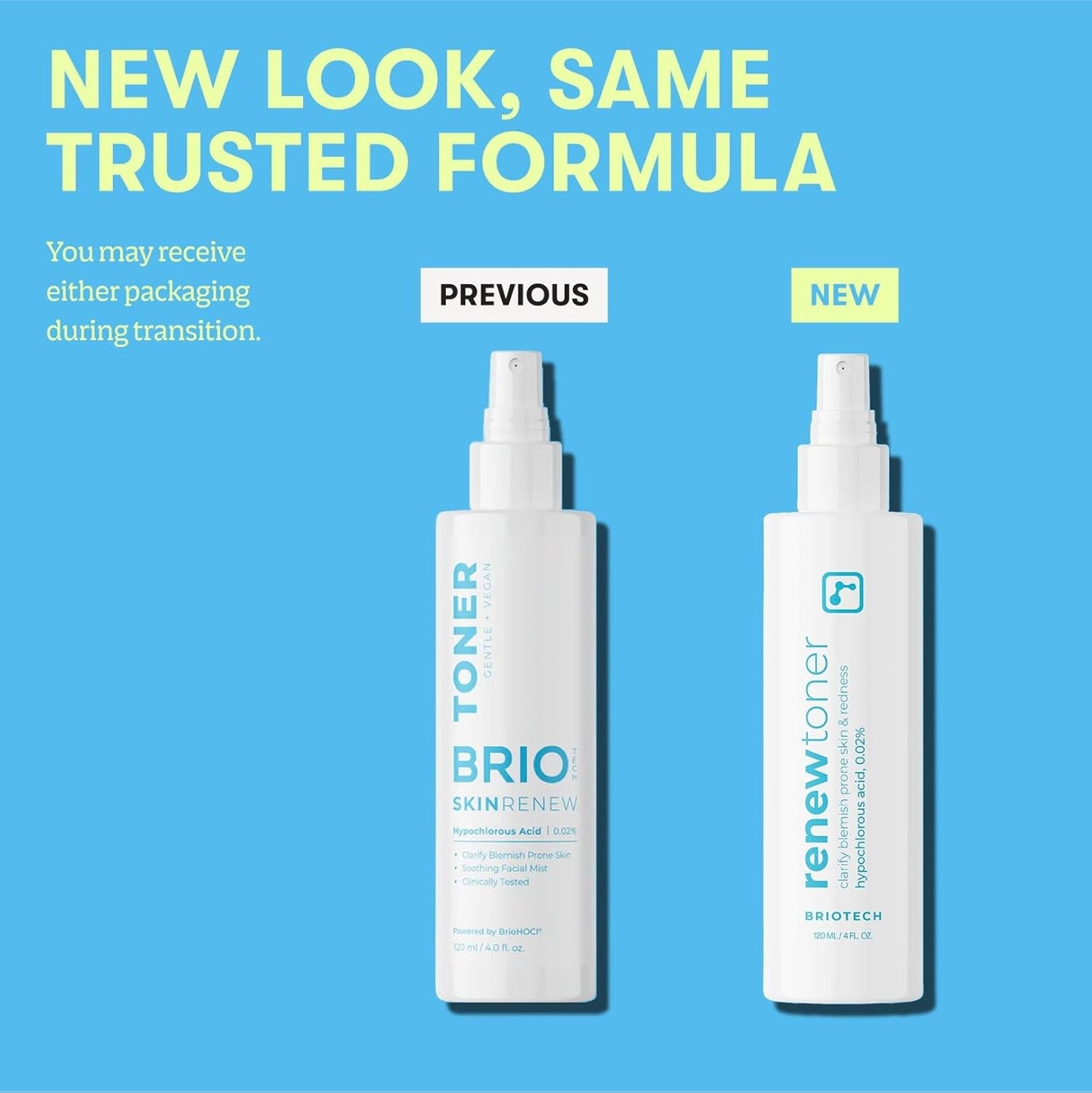 BRIOTECH Renew Toner, Hypochlorous Acid Spray, Minimize Appearance of Blemishes, Soothing Facial Mist for Sensitive Skin, Calm Redness & Bumps, Vegan, 4 fl oz