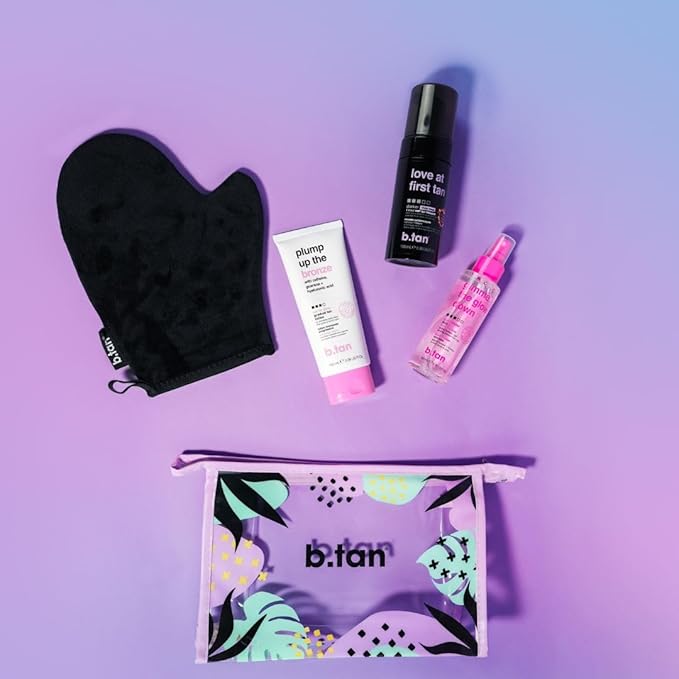 b.tan Self Tan Travel Kit | Love At First Tan Gift Set - Includes Mini Violet Self Tanner, Gradual Tanning Lotion, Dark Bronzing Drops, & Applicator Mitt