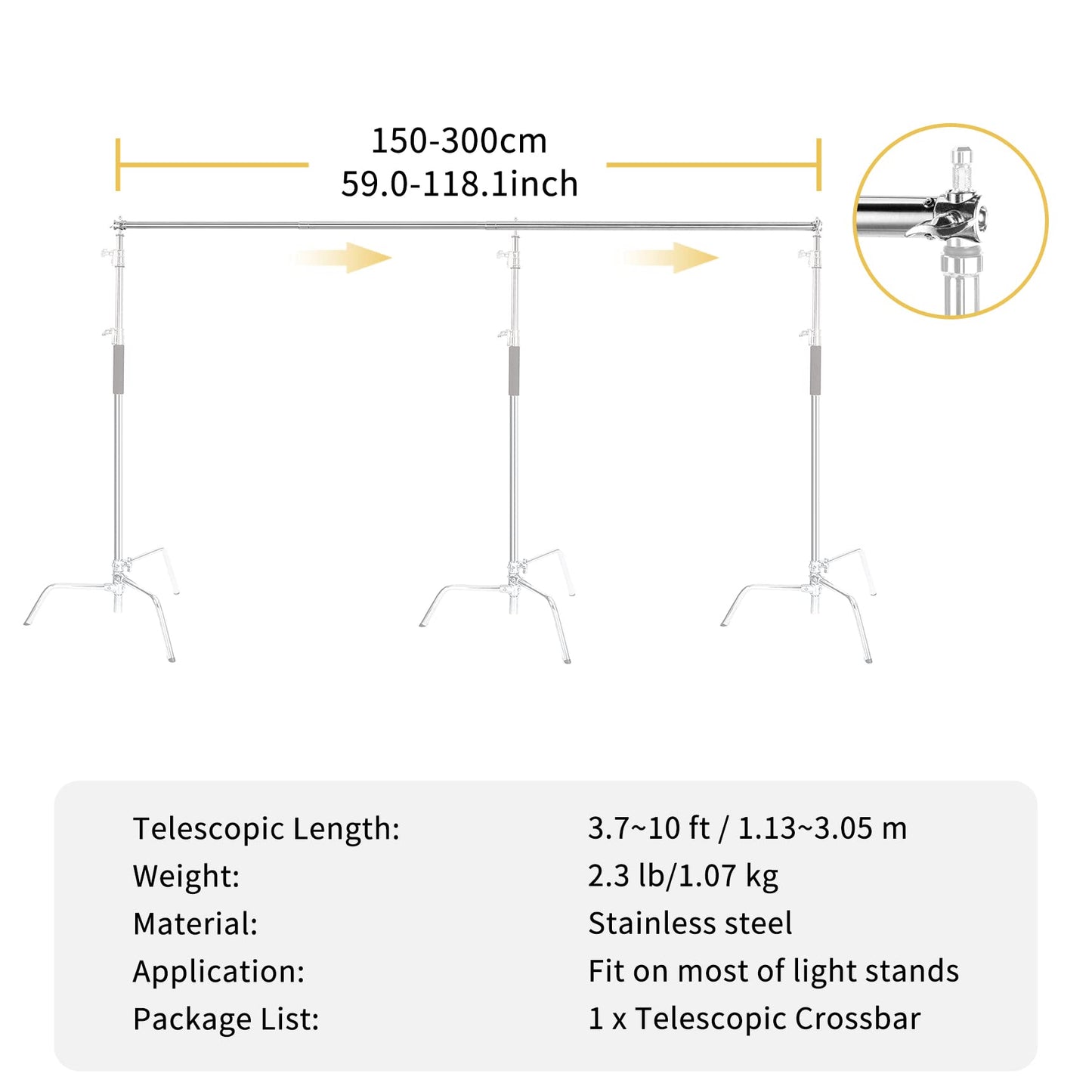 Pro Stainless Steel Telescopic Backdrop Crossbar Max Length 10 ft/3m Adjustable Background Support Cross Arm, Backdrop Pole for C Stand