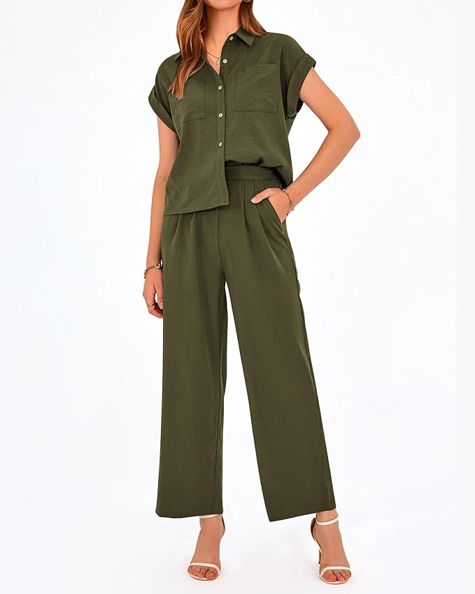 PRETTYGARDEN Womens 2 Piece sets Summer Cap Sleeve Tops Palazzo Pants Dressy Casual Vacation Travel Outfits Tracksuits