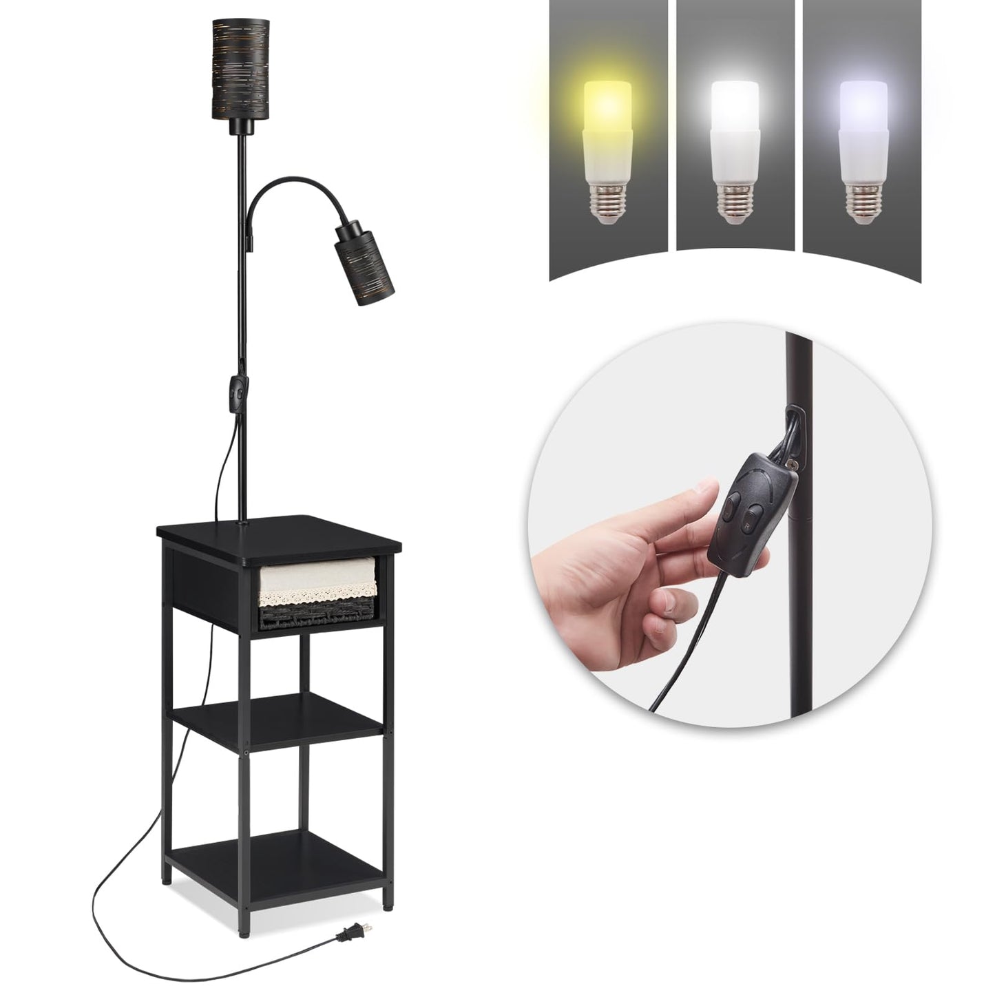 BAMGROW Floor Lamp with End Table, Side Table with Lamp Attached, Bedside Nightstand Light for Small Spaces with Wicker Drawer and Storage Shelf for Living Room, Bedroom, Guest Room, 2 Bulbs Included