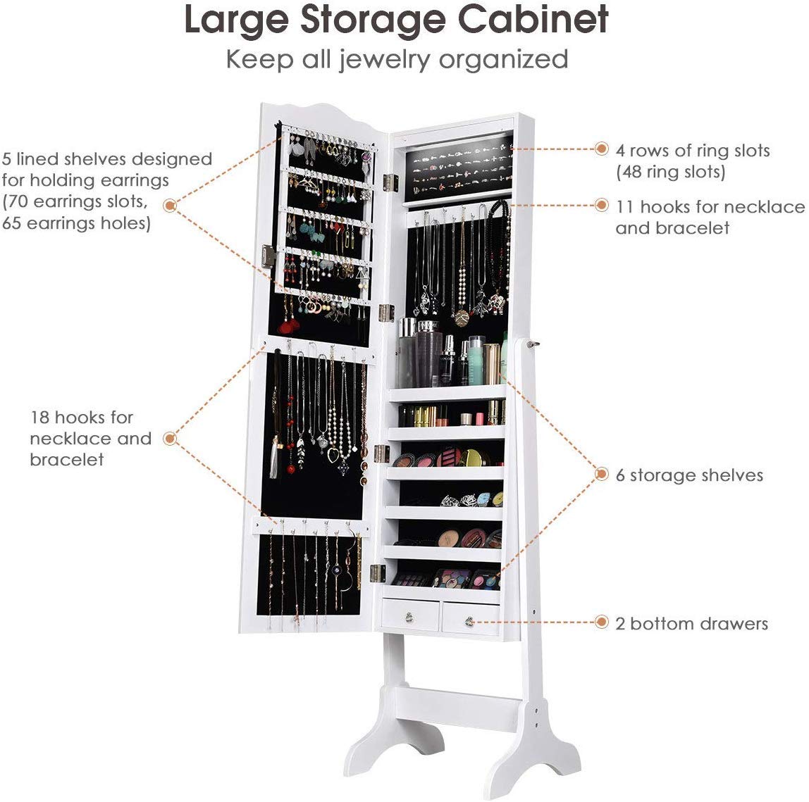 HOMGX (White 14 LEDs Mirror Wood Cabinet, Lockable Standing Armoire with Key, Jewelry Storage Organizer with 2 Drawers and 4 Angles (Jewelry Cabinet)
