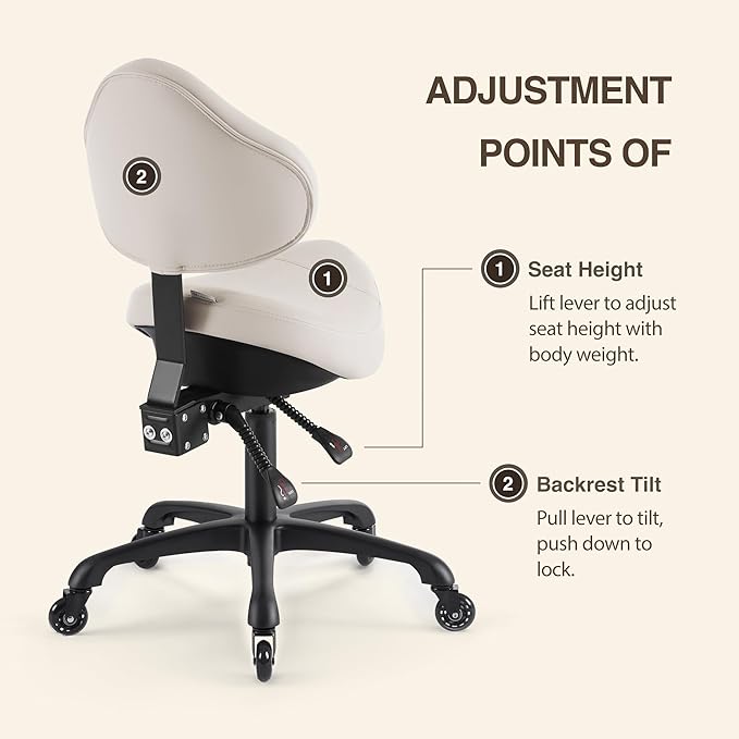 Pneumatic Swivel Rolling Saddle Chair with Wheels and Ergonomic Back Support for Hair Stylist, Dental Hygienist, Hygienic Clinic, Spa, Massage, Home, Office - 510 KOA (Vanilla, Standard)