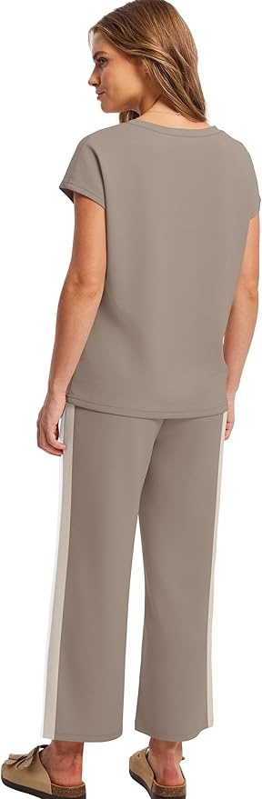Saloogoe Two Piece Sets for Women Summer Outfits Lounge Sets V Neck Tops Wide Leg Pants Woman Vacation Travel Outfits