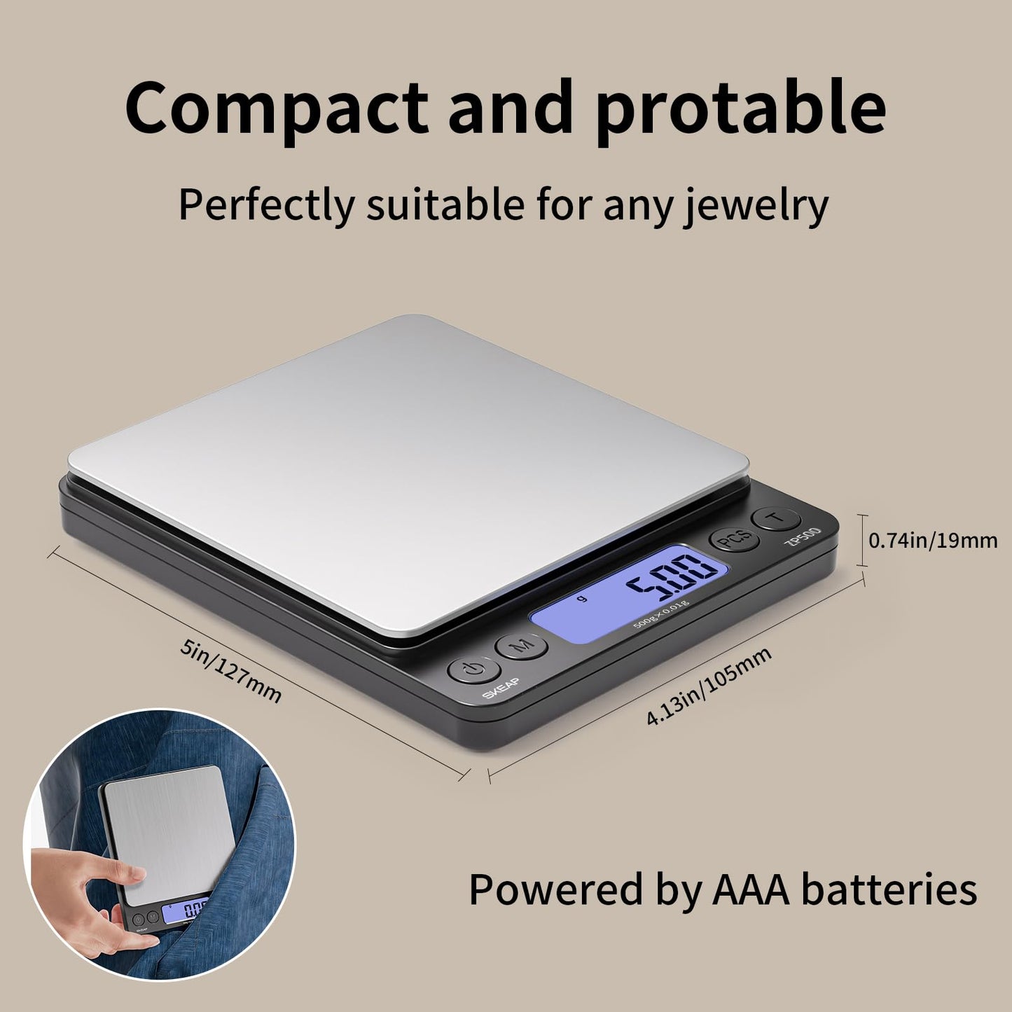 SKEAP Digital Jewelry Scale – 500g x 0.01g Precision Gold Scale for Jewelers & Collectors, Digital Pocket Scale with Backlit LCD, Tare Function– Ideal for Gemstones, Bullion & Coins.