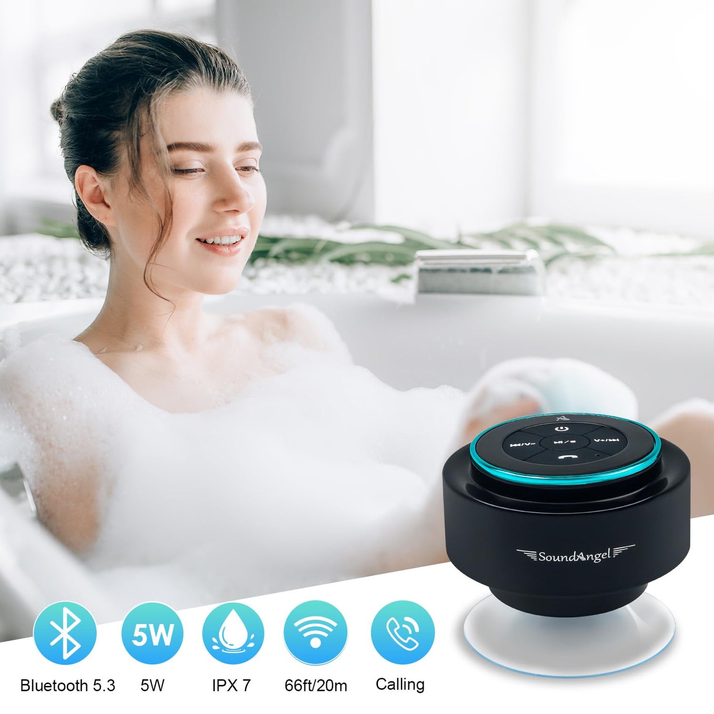 XLeader, Upgraded, Pro Shower Speaker, Certified IPX7 Waterproof Bluetooth Speaker with Suction Cup, Hook Clip, Built-in Mic, Crystal Sound&Rich Bass, up to 12H Playtime, Ideal Gifts - SoundAngel Mate