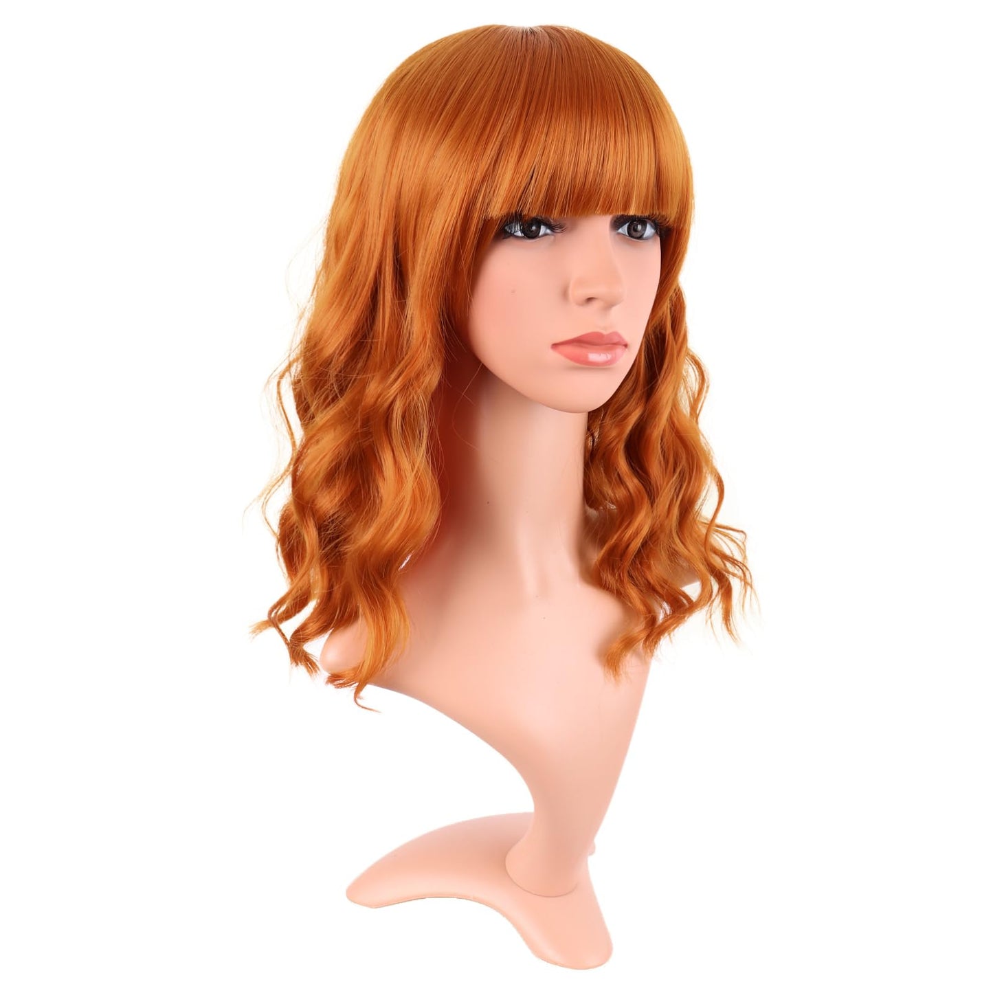 MapofBeauty 14 Inch/35 cm Short Wavy Curly Women Fresh Bright Synthetic Ordinary Flat Bangs Bob Wig (Light Orange)