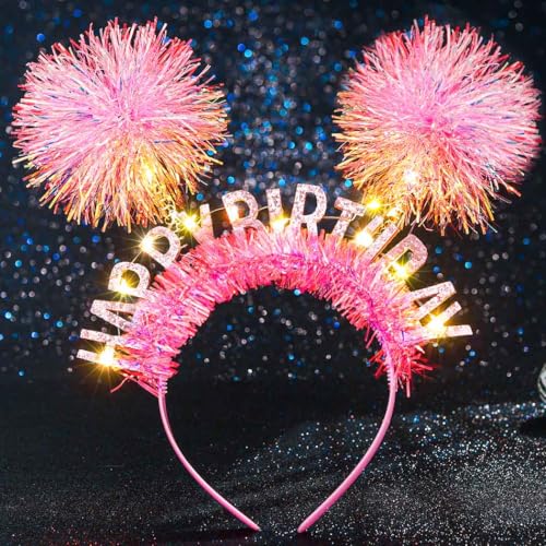 Aceorna Light Up Pink Headbands LED Happy Birthday Crown Hairbands Glowing Pom Pom Hair Accessories for Women