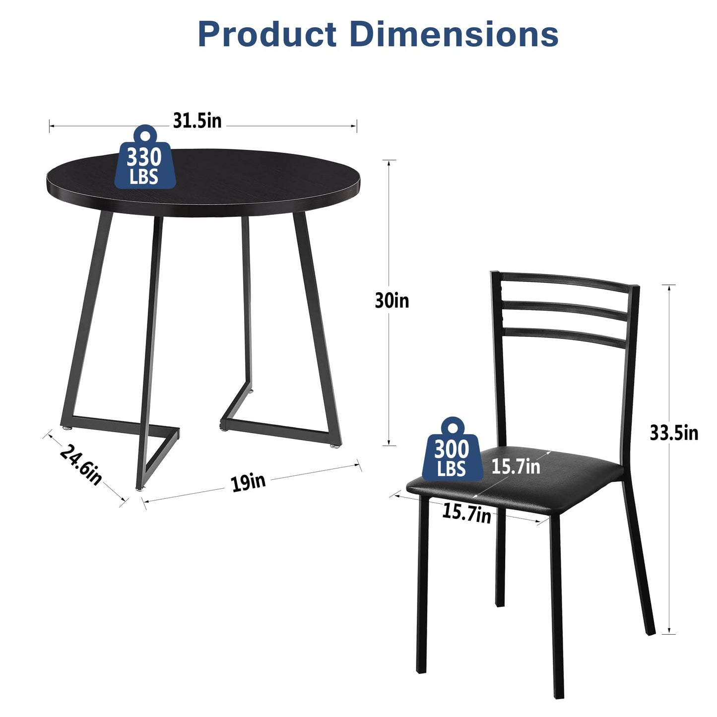 VECELO Small Round Dining Table Set for 2, Heavy-Duty Metal Frame & Upholstered Chair for Breakfast Nook, Kitchen, and Small Space, Black