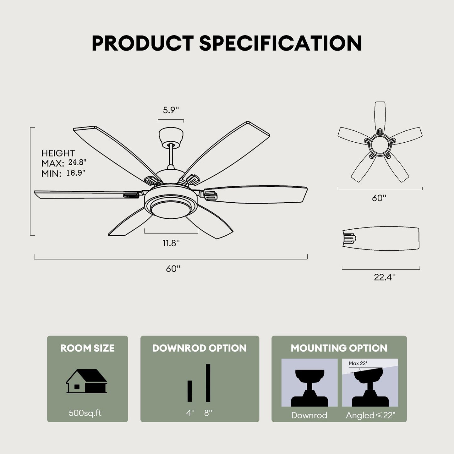 Fanbliss 60 Inch Black Large Ceiling Fans With Lights And Remote Control For Living Room, Modern Ceiling Fan With Quiet Reversib