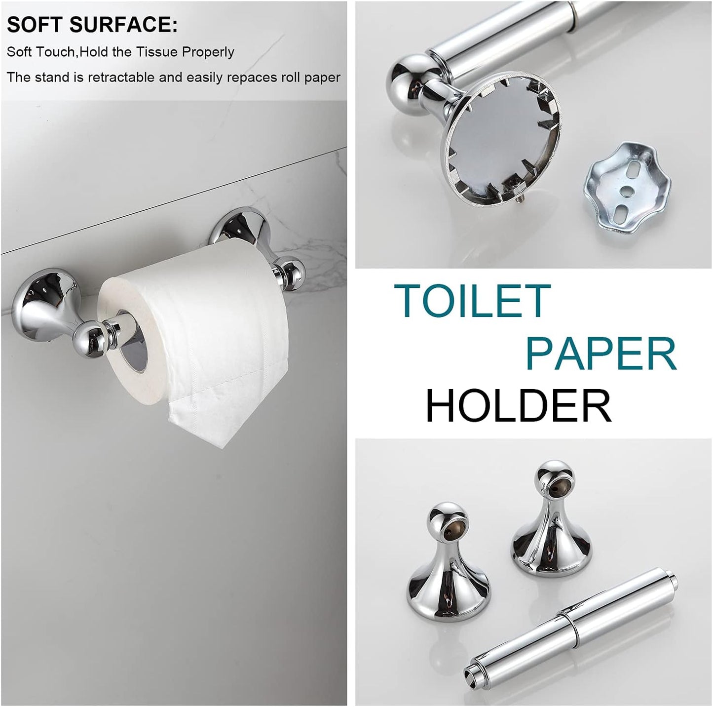 BGL Bathroom Hardware Set, Chrome Adjustable Expandable Towel Bar 4-Piece Bathroom Accessory Set Wall Mounted Robe Hook Toilet Paper Holder Towel Ring Towel Bar