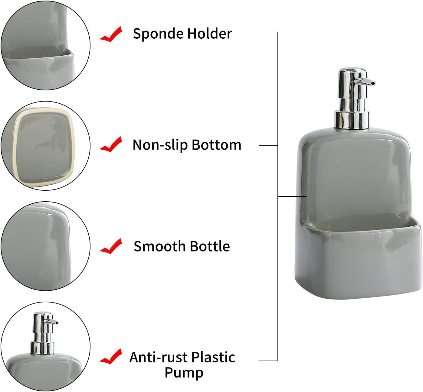 Dish Soap Dispenser - Kitchen Soap Dispenser with Sponge Holder Matte Ceramic Soap Daddy Dispenser 20oz for Kitchen (Grey)