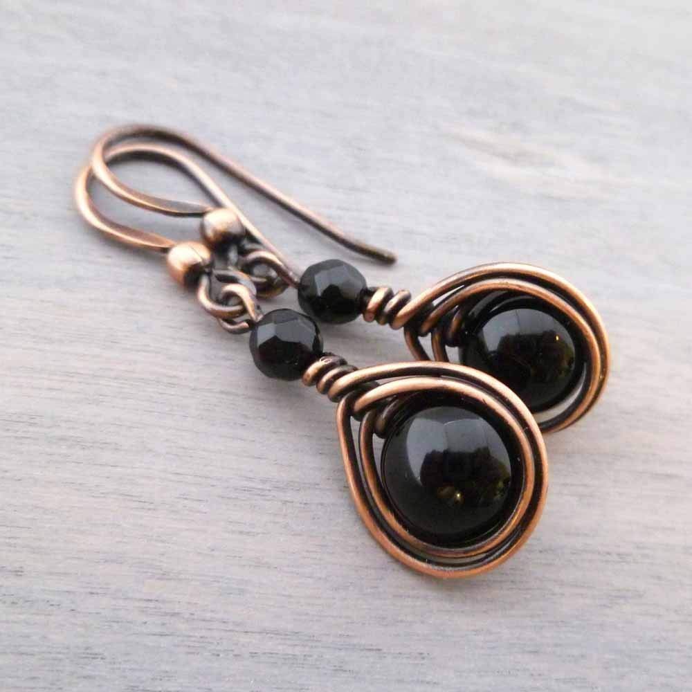 Pillar of Salt Studio Handcrafted Solid Copper Earrings with Black Onyx Gemstone (Antiqued Copper, 1" drop)