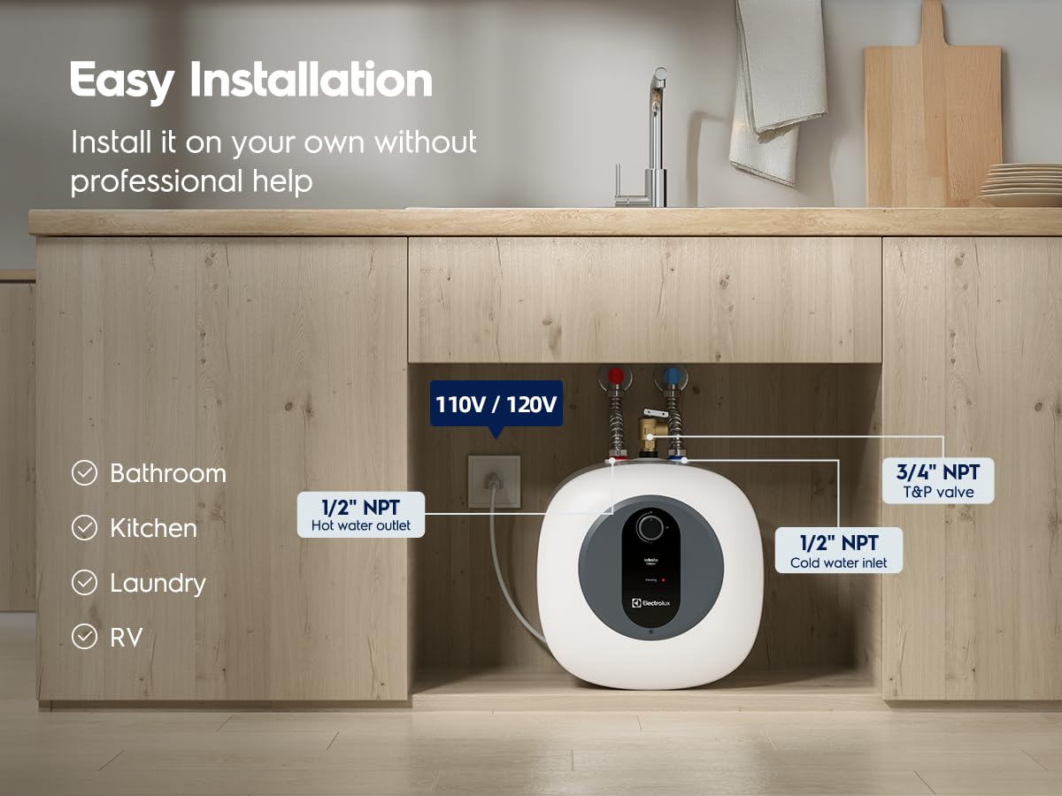 Electrolux 4 Gallon Electric Mini Tank Water Heater, Premium Under Sink Point-of-Use Hot Water Heater with 120V Plug-in, Instant Hot Water for Kitchen, Bathroom, RV & Wet Bar