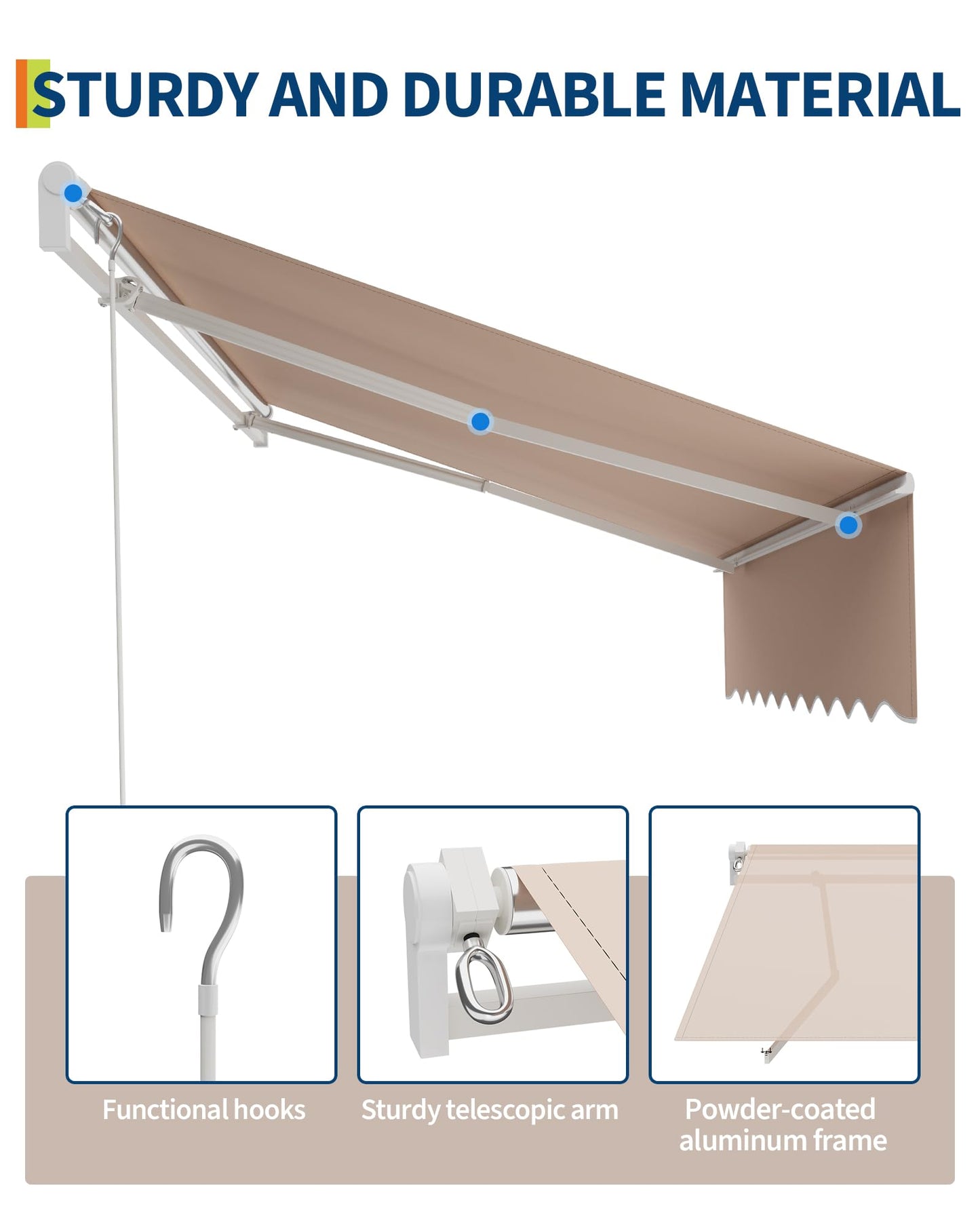GarveeLife 10'x8' Retractable Awnings for Patio, Manual Patio Awning for Outside with Sturdy Aluminum Frame, Fade and Tear Resistant Fabric,Crank Handle, for Patio, Deck, Garden, Beige