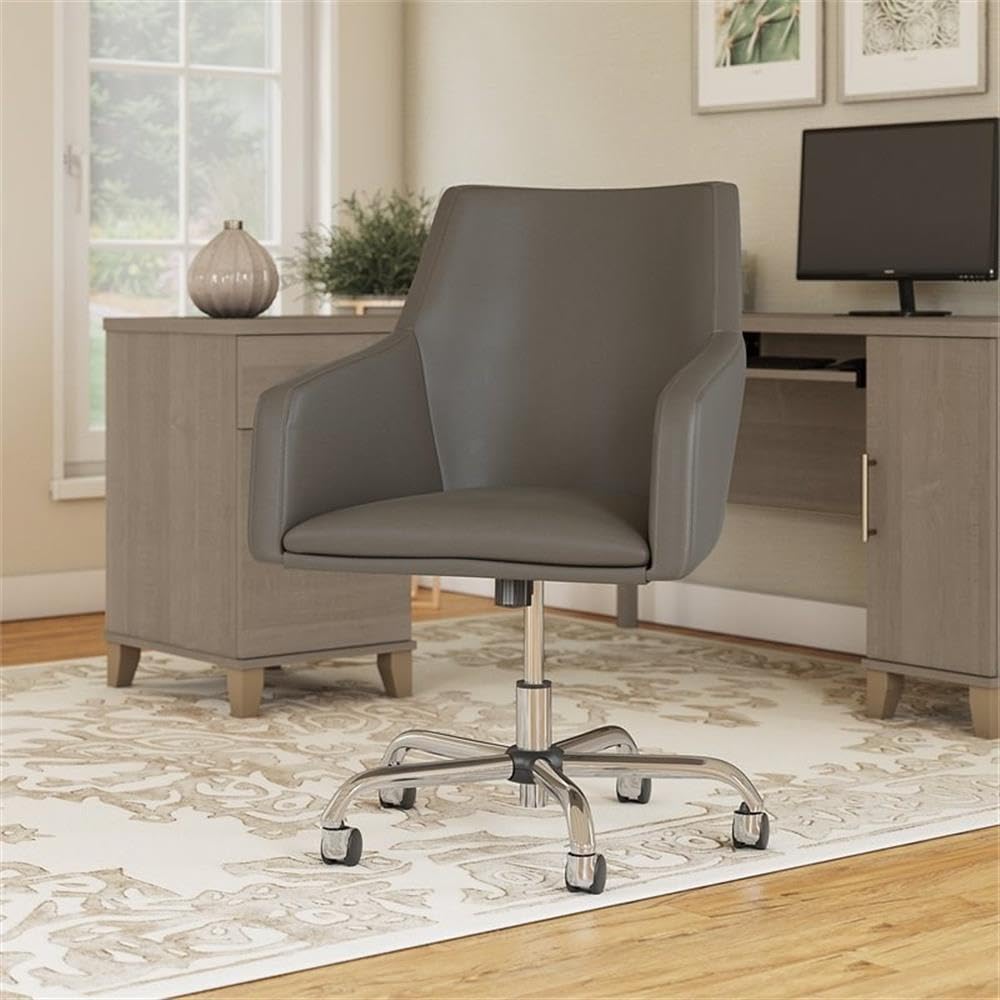 Bush Home Somerset Mid Back Leather Box Chair in Washed Gray