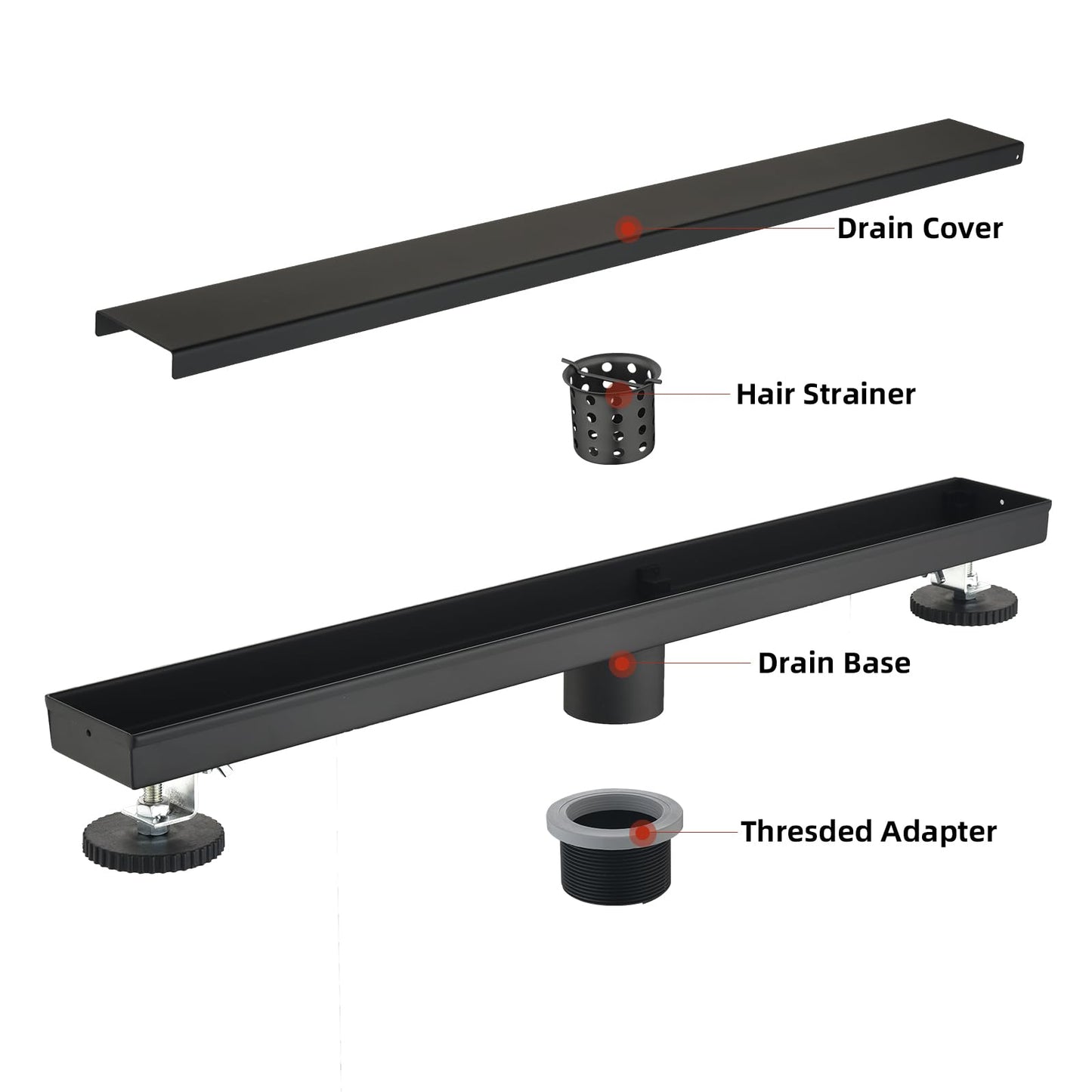 Kuaisailsk Linear Shower Drain with Tile Insert Panels, 24 Inch Black 304 Stainless Steel Rectangle Shower Floor Drain, with Hair Catcher, Adjustable Feet, Fits Bathroom, Balcony