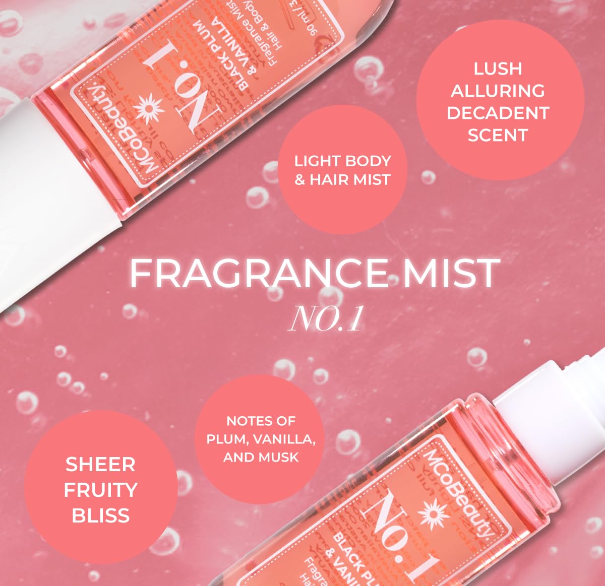 MCoBeauty - Fragrance Mist No.1 - Light Body Mist and Hair Perfume with Plum, Vanilla and Musk - Gifts for Women, Feminine Spray, Self Care Gifts for Women - 90ml Bottle