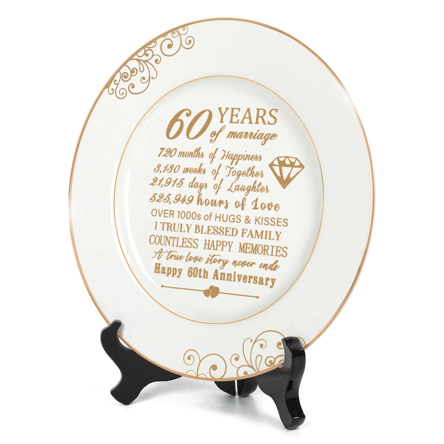 Urllinz 60th Anniversaty Plate with 24k Gold Foil - 60 Year Diamond Anniversary Wedding Gifts for Parents Couple Grandparents, Ceramic 9"