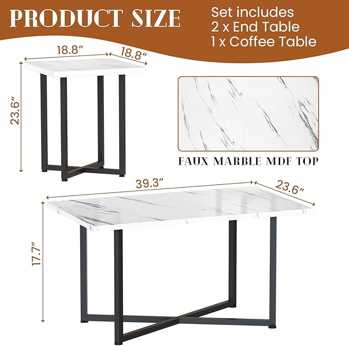 AWQM Coffee Table Set of 3, Industrial Coffee Table with 2 Square End Side Tables, Modern Living Room Table Set with Metal Frame for Apartment Home Office
