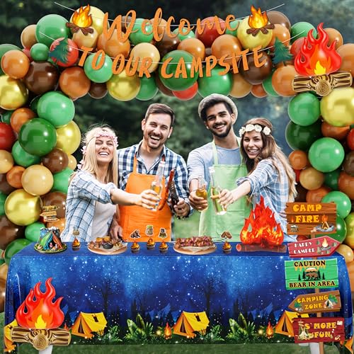 105 PCS Camping Birthday Party Decorations Kit with 3D Campfire & Forest Backdrop - Reusable Camp Theme Decor for Baby Sho...
