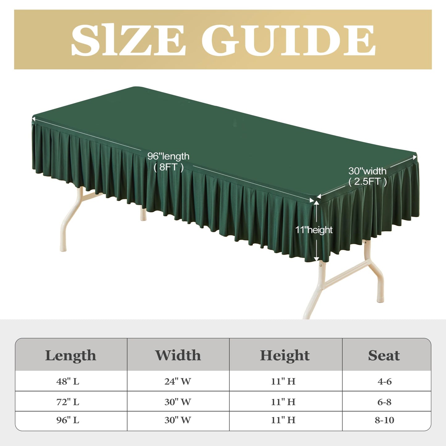 Wish Care Hunter Green Spandex Table Clothes for 8 Foot Rectangle Tables Wrinkle Free Ruffle Tablecloth with Pleated Skirt Stretch Fitted Table Covers for Wedding Birthday Christmas Party Banquet