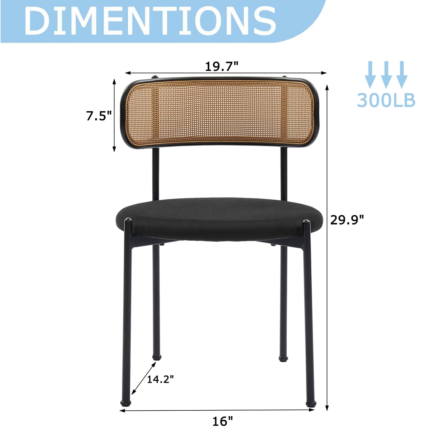 Puntogen Rattan Dining Chairs Set of 4, Kitchen Chairs with Curved Cane Backrest &Metal Legs, Modern Dining Room Chair, Round Upholstered Sherpa Chair for Living Room, Black