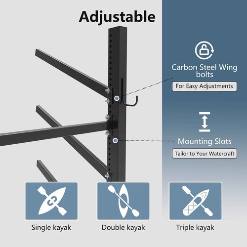 Freestanding Kayak Stand,One-Sided Kayak and Canoe Rack,Heavy Duty Adjustable Kayak Storage Rack,Sup Outdoor Storage Rack,Weatherproof Stand for Indoor, Garage, Shed, Dock Kayak Storage (3 Levels)