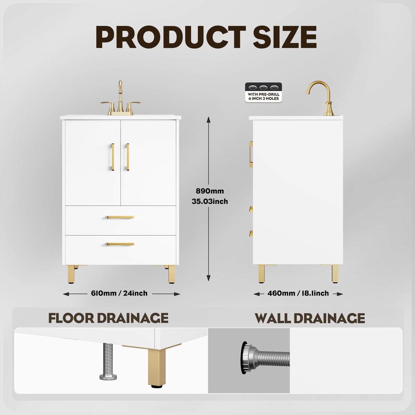 phiestina Fully Pre-Assembled 24 Inch White Bathroom Vanity with Ceramic Sink Combo, 2 Soft Close Doors and 2 Drawer Bathroom Storage Cabinet Set, BV02-WHITE-JH