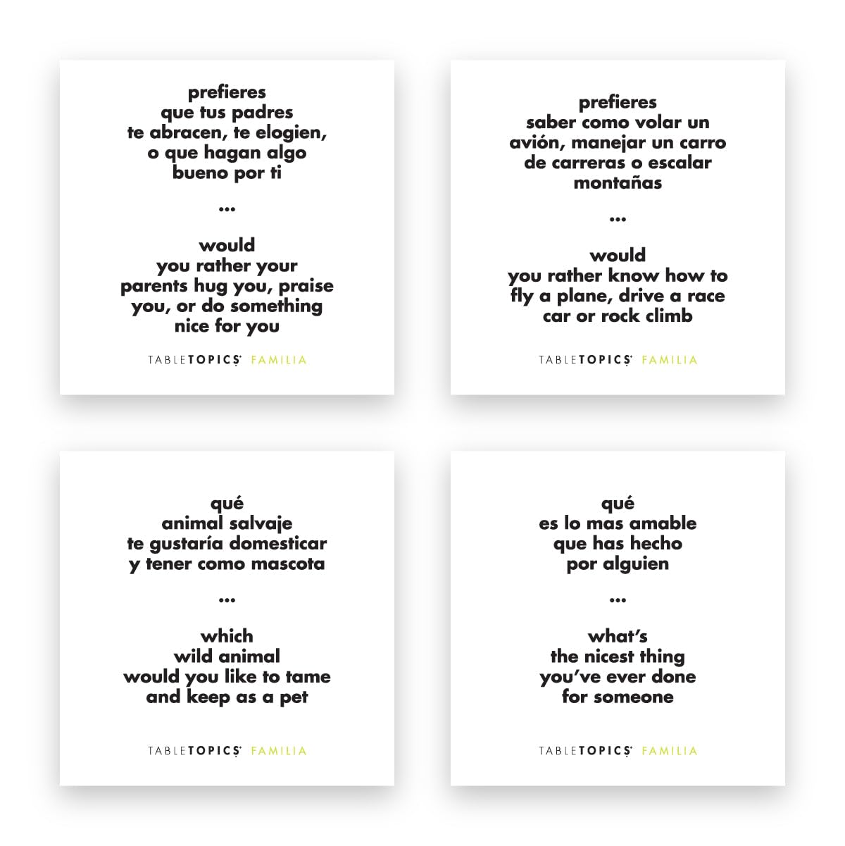 TableTopics Familia En Espanol Question Card Game - 135 Spanish/English Conversation Starter Cards, Game to Learn & Practice Spanish, Play with Friends & Family, Bilingual