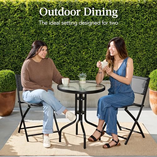 Best Choice Products 3-Piece Patio Bistro Dining Furniture Set w/Glass Tabletop, 2 Folding Chairs, Steel Frame, Polyester ...