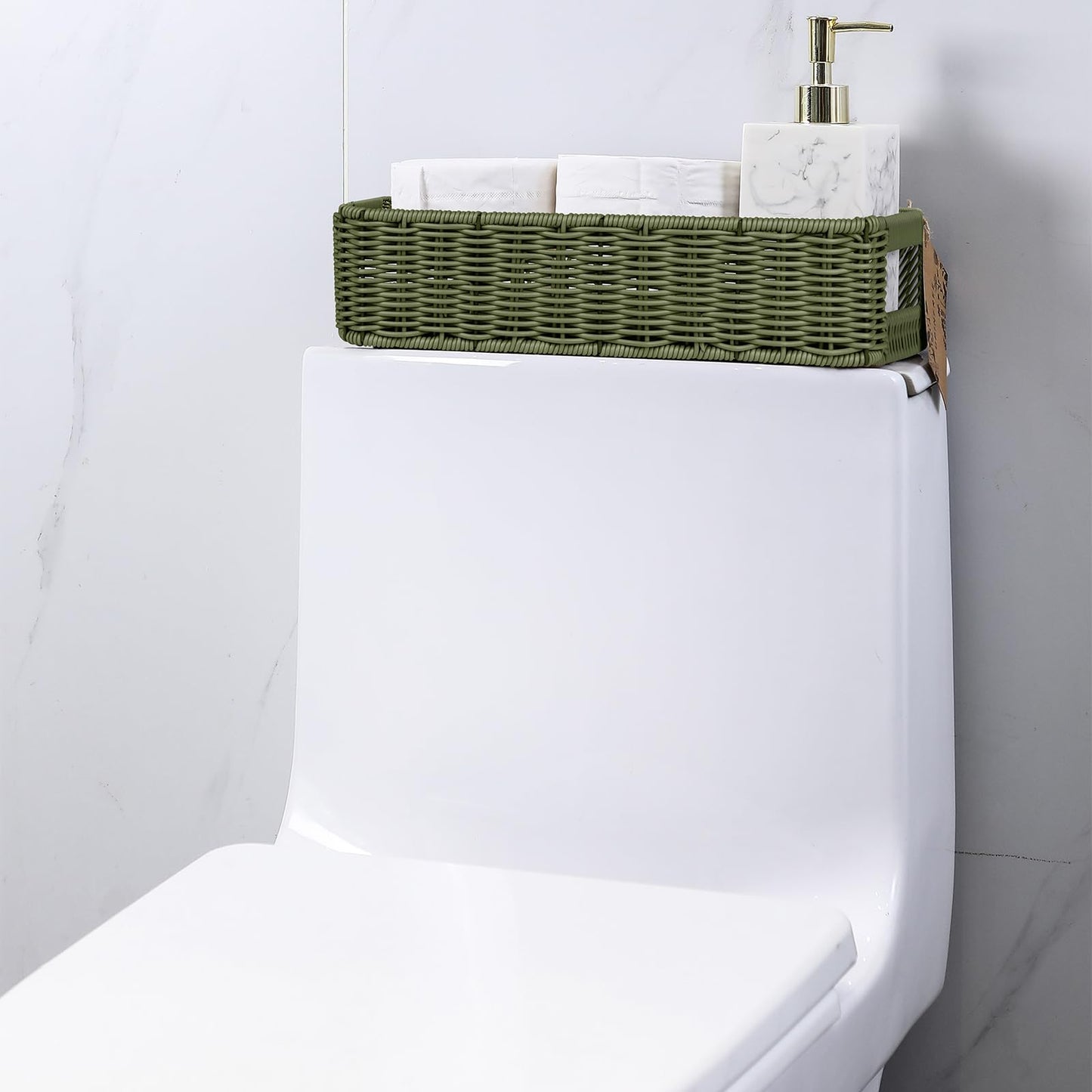 Storage Wicker Basket Decor: Green Decorative Storage Bin for Countertop and Shelves - Waterproof Toilet Paper Basket over Toilet Tank