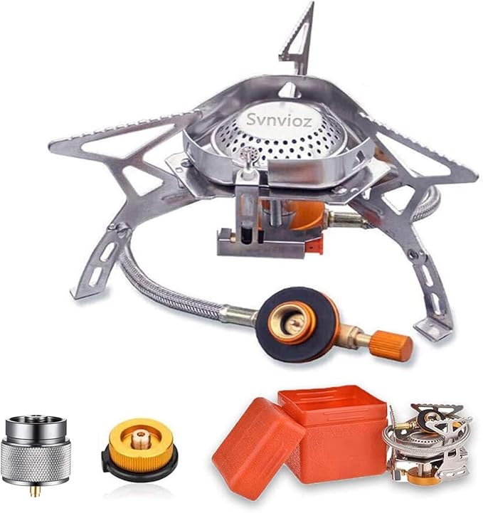 SVNVIOZ Camping Stove Windproof Backpacking Stove with Piezo Ignition, Plastic Storage Box, 2 Types Fuel Canister Adapter...