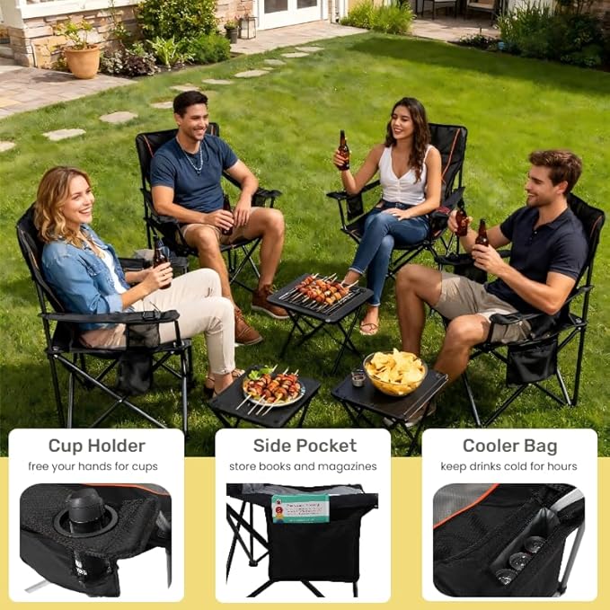 FAIR WIND 2 Pack Oversized Fully Padded Camping Chair with Lumbar Support, Heavy Duty Cooler Bag Fold Chair Support 450 LBS