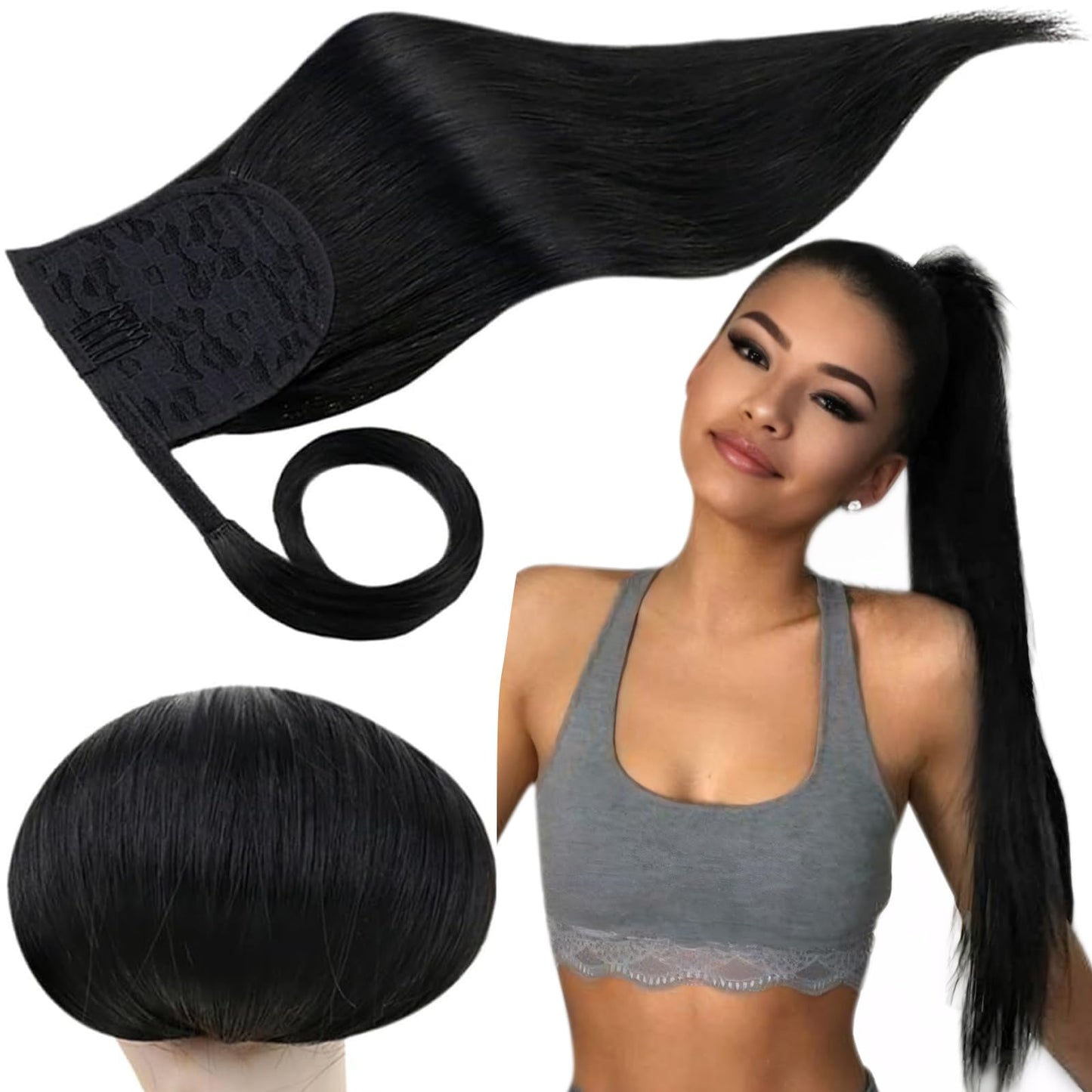RUNATURE Human Hair Ponytail, Real Ponytail Extensions Human Hair for Black Women, Soft Straight Ponytail Hair Extensions with M