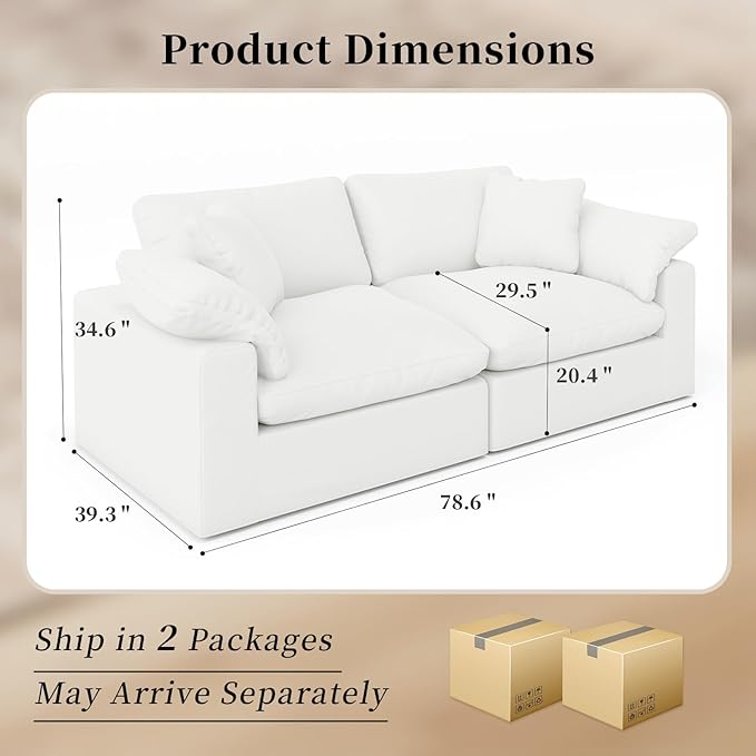 Forest aesthetics Modular Sectional Sofa Cloud Couch,78.6" Down Filled Comfy Cloud Modern Sofa,2 Seater with White Linen Couch Cushion Covers Removable Furniture for Living Room