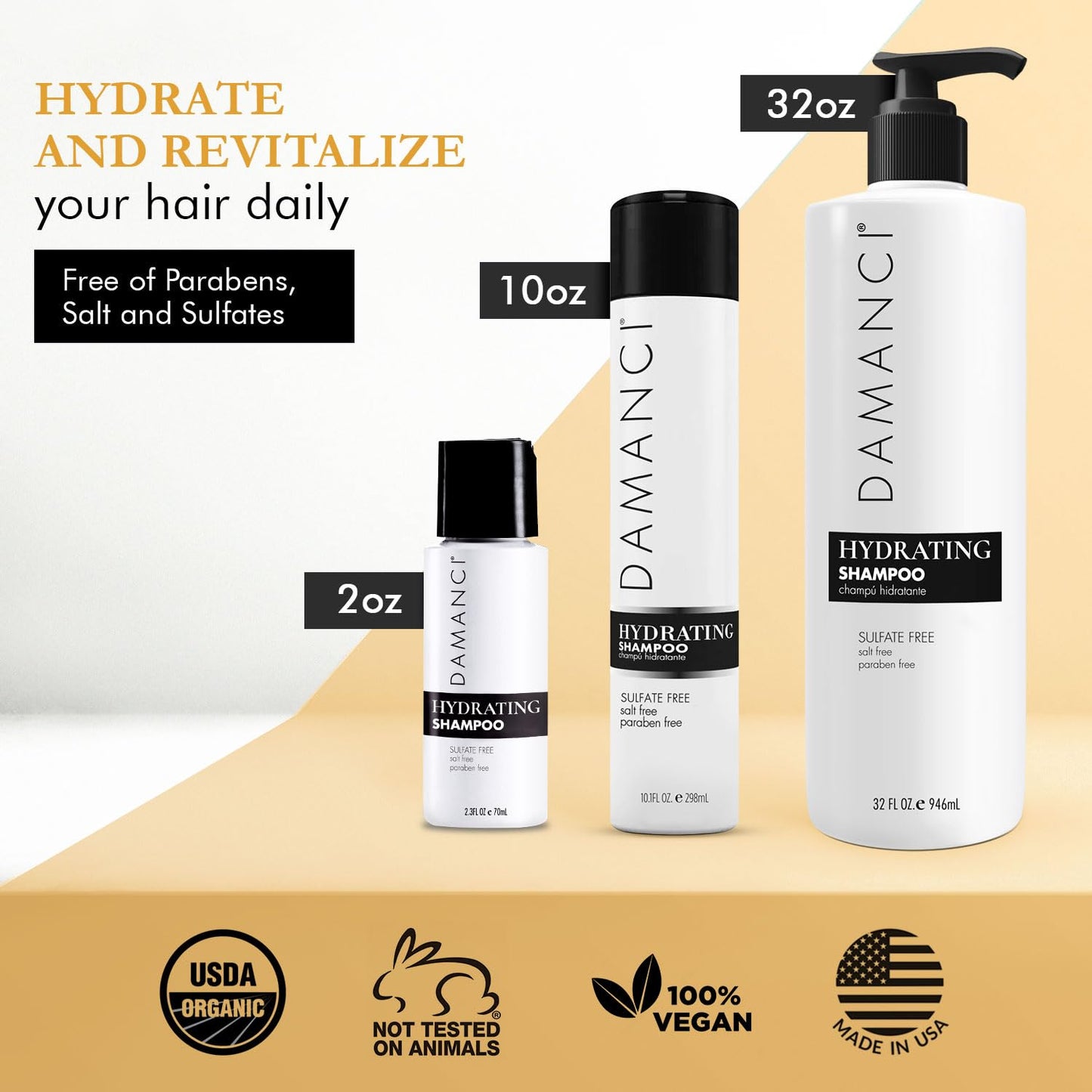 DAMANCI Hydrating Salt Free Shampoo, Sulfate and Paraben Free, Keratin Shampoo Restore Hair and Remove Frizz, with Collagen, Oli