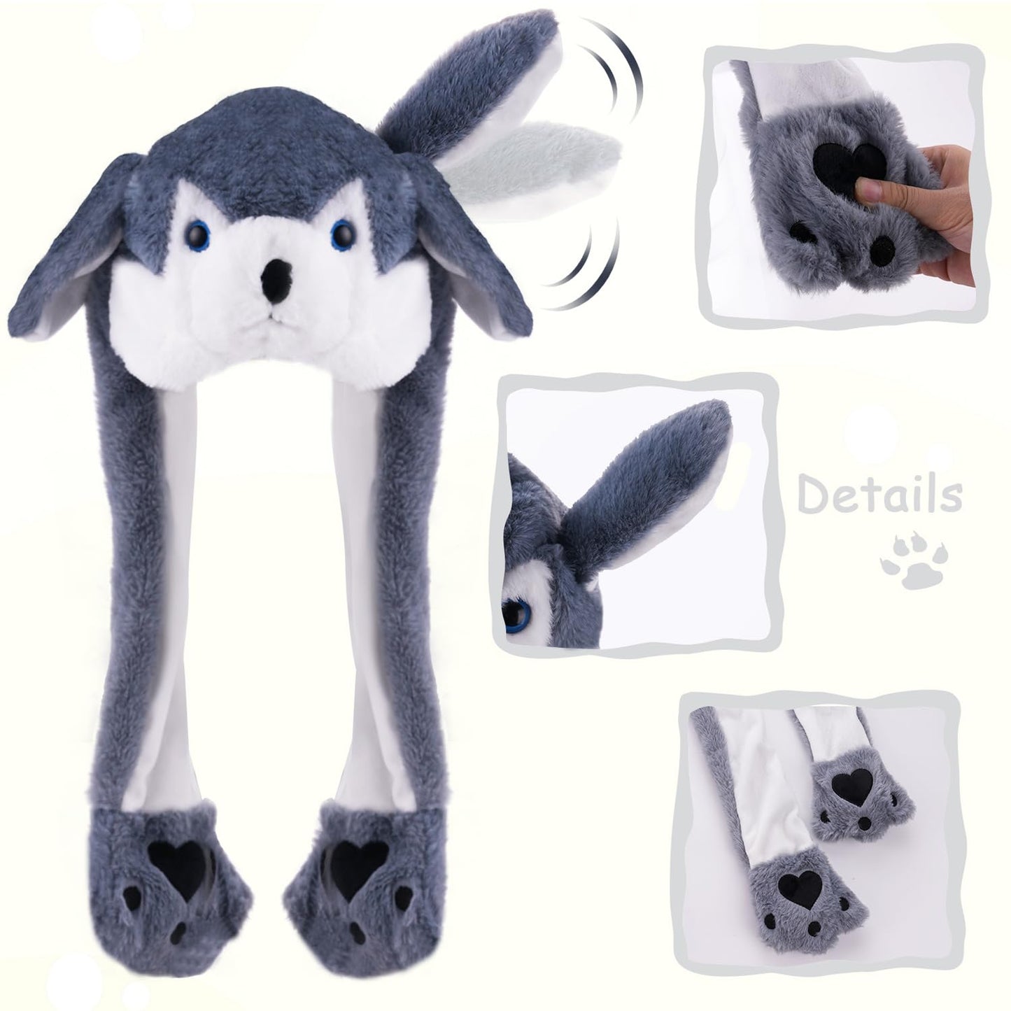 CICITOYWO Funny Plush Animal Hat Ear Moving Jumping Husky Cap for Kids Adults (Grey)
