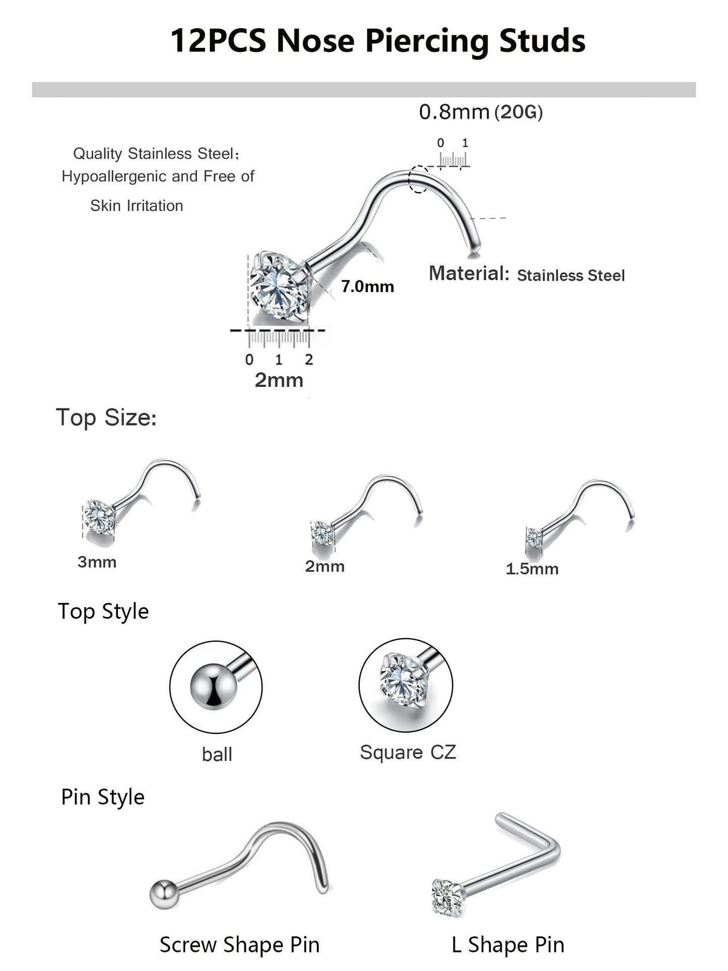 Renkovte 12Pcs Black Nose Rings Set: Titanium Stainless Steel, Hypoallergenic, 20g, 1.5-3mm, L Shape & Corkscrew Nose Studs