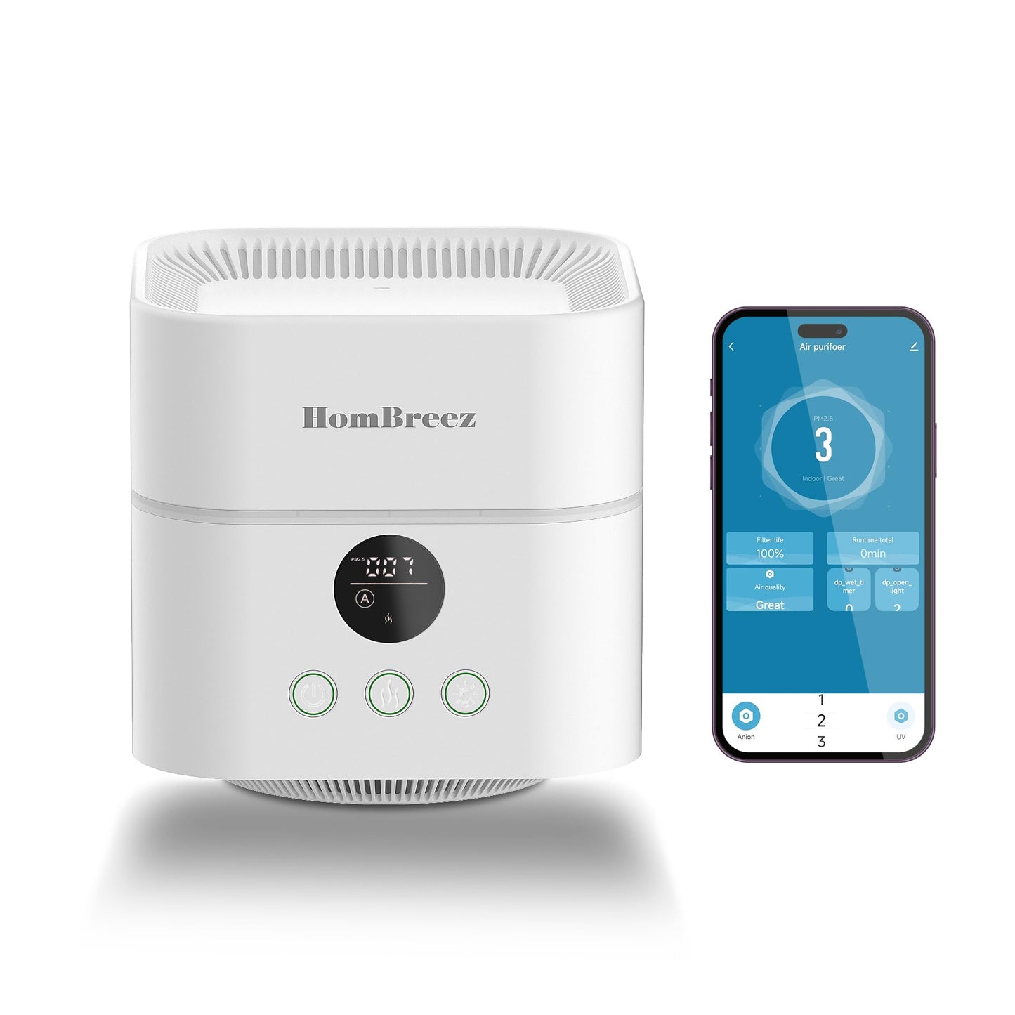 Hombreez Air Purifier And Humidifier Combo For Bedroom, Covers Up To 200Ft, H13 True Hepa Filter, 500Ml Water Tank, Quiet Cool M